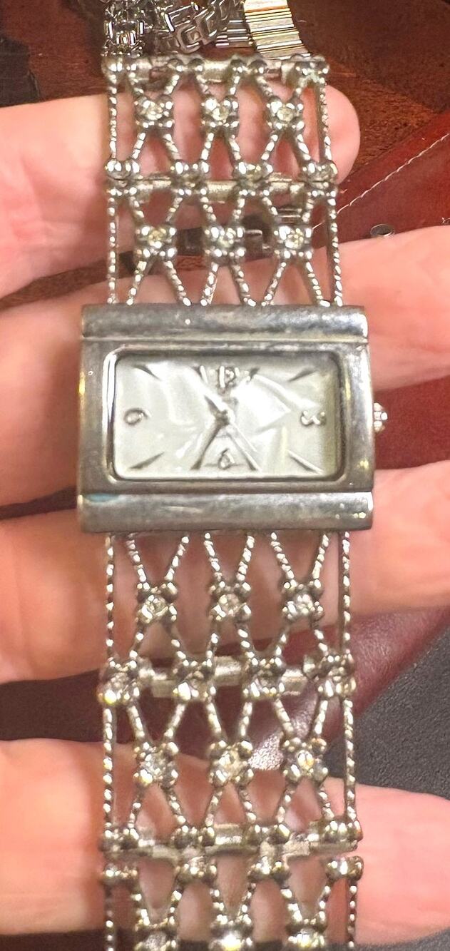 Women's Almas Watch, Wide Bracelet Band Silver Tone with Rhinestones, MOP Face